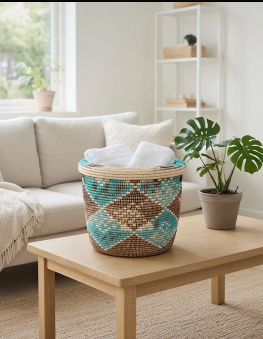 Ngay Lidded Storage Basket | Handwoven Senegalese Artisan Decor in Turquoise & Cocoa