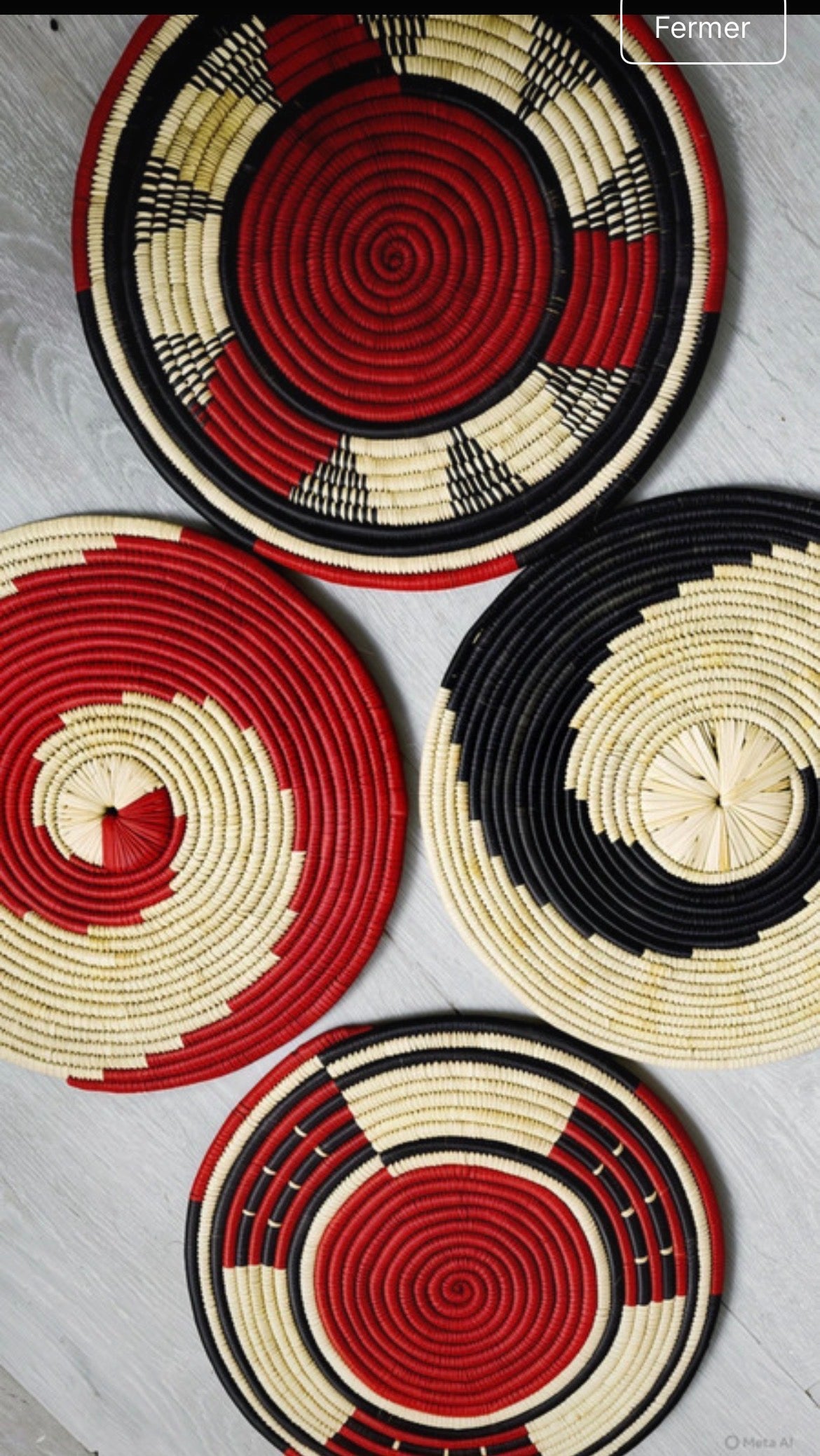 Ngay Handwoven Senegalese Wall Basket 4 Sets | Artisan Coiled Decor in Red, Black & Natural