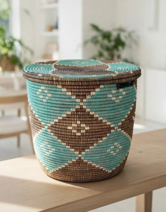 Ngay Lidded Storage Basket | Handwoven Senegalese Artisan Decor in Turquoise & Cocoa