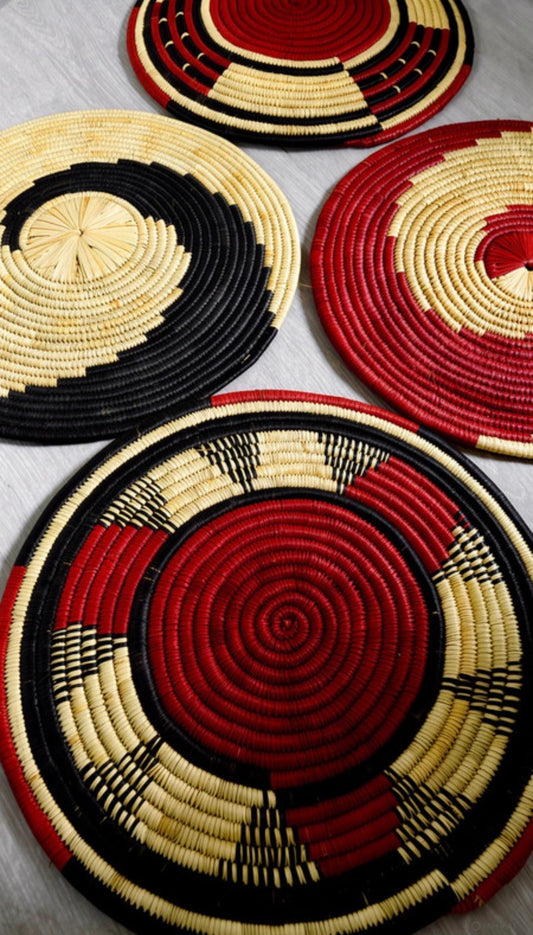 Ngay Handwoven Senegalese Wall Basket 4 Sets | Artisan Coiled Decor in Red, Black & Natural