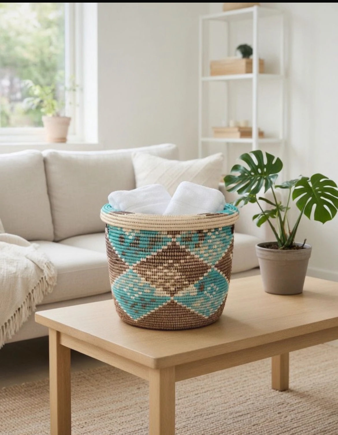 Ngay Lidded Storage Basket | Handwoven Senegalese Artisan Decor in Turquoise & Cocoa